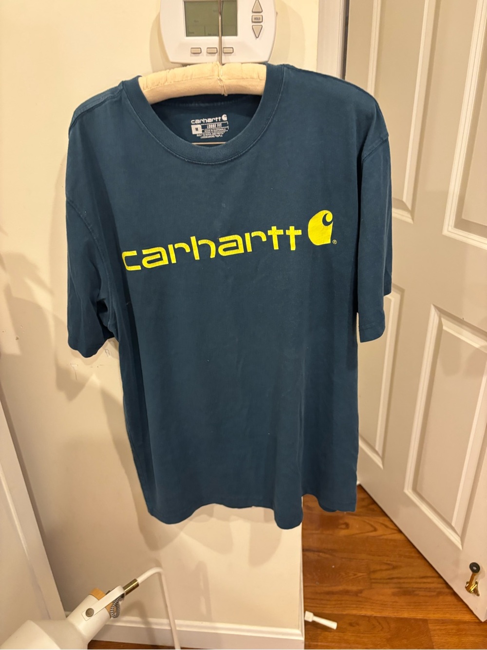 Carhartt Men’s Teal Short-Sleeve Tee with High-Visibility Yellow Logo. Loose Fit